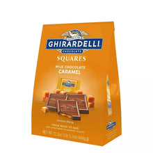 Ghirardelli chocolate squares box with milk chocolate caramel squares artwork