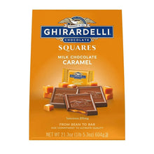Ghirardelli chocolate squares box with milk chocolate caramel squares and logo