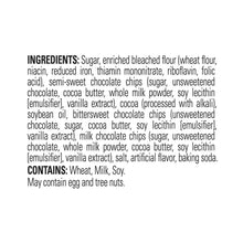 Ingredients list on brownie mix box, including sugar, flour, cocoa, and chocolate chips