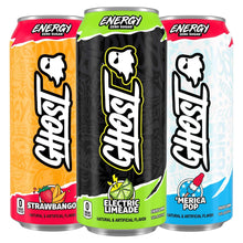 Three energy drink cans: strawbango, electric limeade, and merica pop