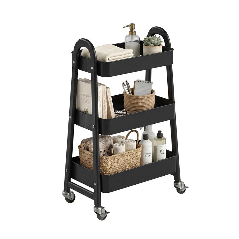 Gianna Utility Cart, Metal, 3‑Tier, Lockable Caster Wheels , 360° Rolling, Black