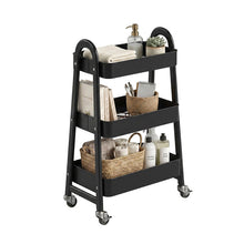 Black 3-tier metal utility cart with curved handles and rolling caster wheels