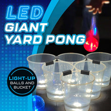 Glowing clear yard pong buckets with black clips and blue and red light-up balls