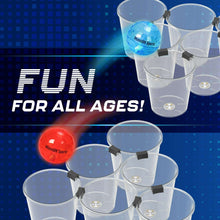 Clear plastic yard pong buckets with glowing red and blue LED balls
