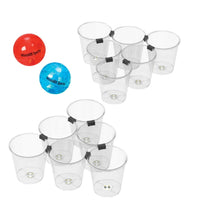 Giant plastic yard pong buckets with black clips and glowing bases, with red and blue balls
