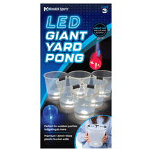 Box showing giant LED yard pong bucket set with light-up balls and accessories