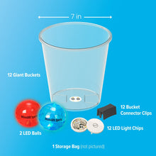 Plastic yard pong components: 12 buckets, LED light chips, connector clips, and two LED balls