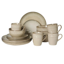 Cream reactive glaze stoneware dinnerware set for four, plates, bowls and mugs