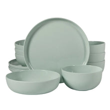 Green melamine dinnerware set, stacked bowls with a round plate