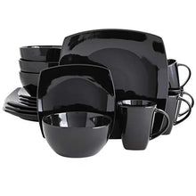Black square dinnerware set with stacked plates, bowls, and handle cups