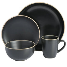 Gibson Home round dinnerware set—matte black bowls, plate, and mug with gold rim