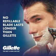 Manual razor with black handle and blue/orange 5-blade head, shaving foam on face