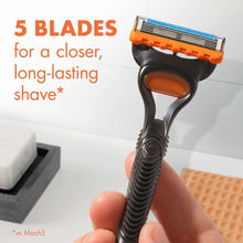 Manual razor with black handle and orange 5-blade head, blue blade strip