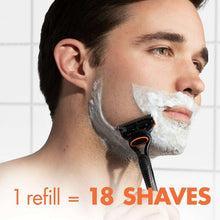 Manual razor with black handle and blue/orange 5-blade head, shaving foam visible