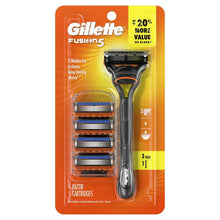 Gillette Fusion5 manual razor handle with 5 blade cartridges in retail blister pack