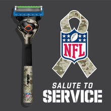 Men’s razor handle with blue cartridge and patterned NFL ribbon emblem