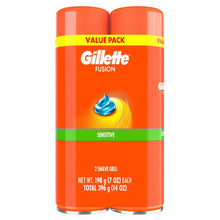 Gillette Fusion shave gel value pack showing two orange cans and blue swirl