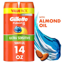 Gillette Fusion sensitive shave gel value pack, two orange cans with blue swirl