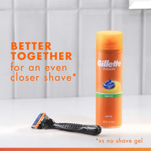 Gillette Fusion sensitive shave gel bottle beside a shaving razor