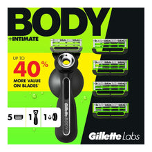 Men's body and intimate razor, black handle, five blade cartridges