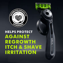 Men’s body razor with black handle and green cartridge blades, angled product view