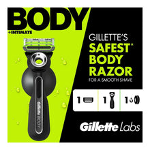 Body + intimate razor with black handle and circular shaving head