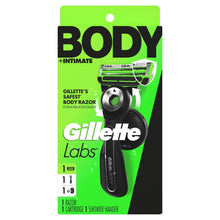Gillette Labs Body + Intimate razor package with cartridge and shower hanger