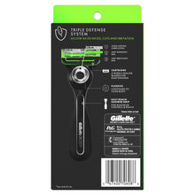 Men’s body and intimate razor on retail package, black handle with green accents