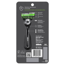 Men’s body razor retail package back with product diagrams and razor handle