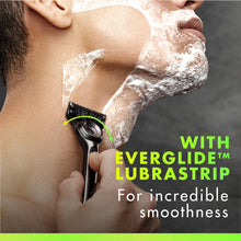 Razor blade refill shaving a man’s neck with Everglide Lubrastrip