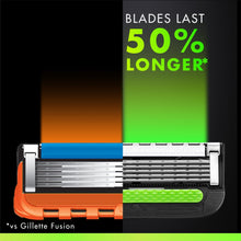 Razor blade refill cutaway showing blades last 50% longer with green strip