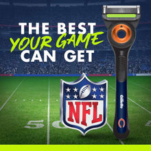 Razor on handle with orange circular pivot and NFL shield graphic