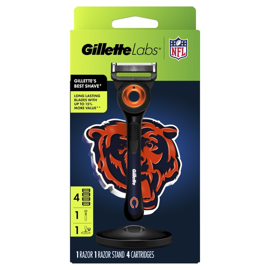 Gillette Labs Official Bears Licensed Razor for Men, 1 Handle, 4 Blade Refills, with Magnetic Stand, Perfect for Game Day Grooming, Gillette Labs with Exfoliating Bar