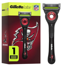 Men's Gillette Labs razor handle with red cartridge, shown with Buccaneers themed box.