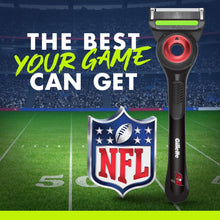 Men's Gillette razor handle with red cartridge in front of NFL crest graphic.