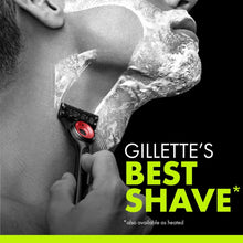 Men's Gillette Labs razor handle with red cartridge held against skin.
