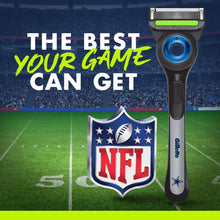 Gillette Labs men's razor with blue star grip and cartridge head, NFL-themed.