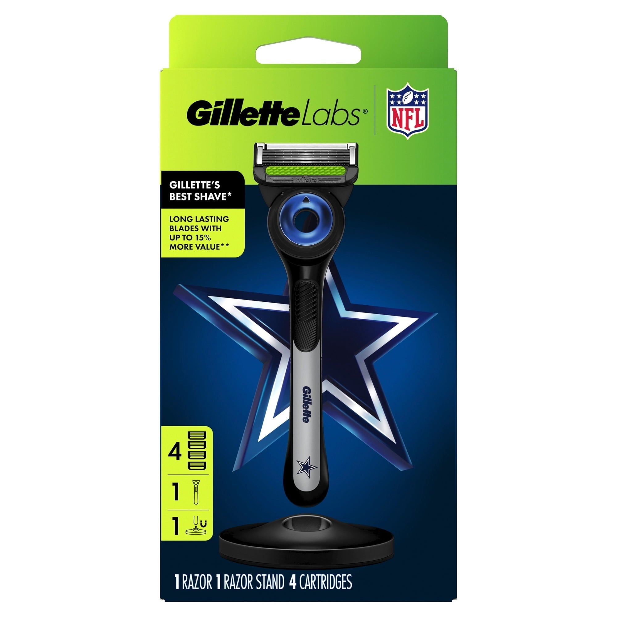 Gillette Labs Official Cowboys Licensed Razor for Men, 1 Handle, 4 Blade Refills, with Magnetic Stand