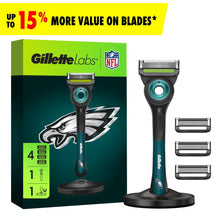 Men's razor with teal cartridge head, black handle, and magnetic stand with refills