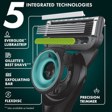 Razor cartridge with multiple blades and teal exfoliating bar, side view