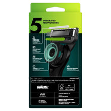 Razor retail box back with integrated technology icons and cartridge diagram