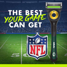 Gillette Labs razor with green handle and yellow pivot head shown next to NFL shield