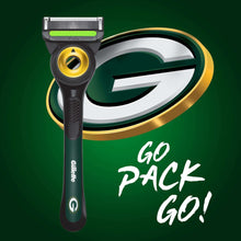 Gillette Labs razor with green handle and yellow circular pivot head, front view