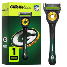 Gillette Labs razor with green handle and yellow pivot head, shown with retail box