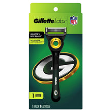 Gillette Labs razor in packaging with green-and-yellow circular NFL Packers theme