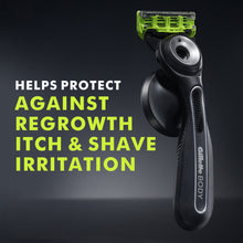 Body razor with top cartridge and three green blade strips on a black handle