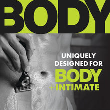 Body + Intimate razor with cartridge on handle and green-accented blade assembly