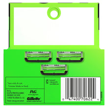 Razor blade refill package showing three cartridge blades and barcode on the label