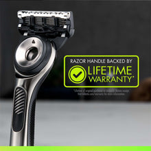 Razor handle with lifetime warranty badge