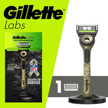Manual safety razor with green camo handle and 5-blade cartridge on stand
